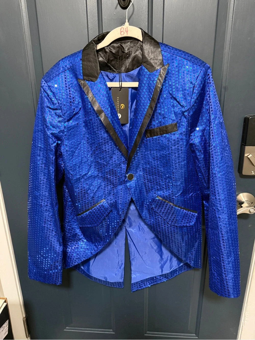 Blue Sequin Blazer with Black Trim - Men's Formal Jacket